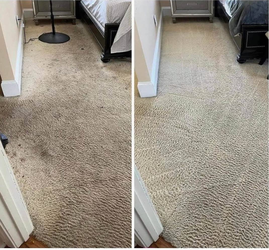 Bedroom carpet before and after professional carpet cleaning, showing dirt and marks removed