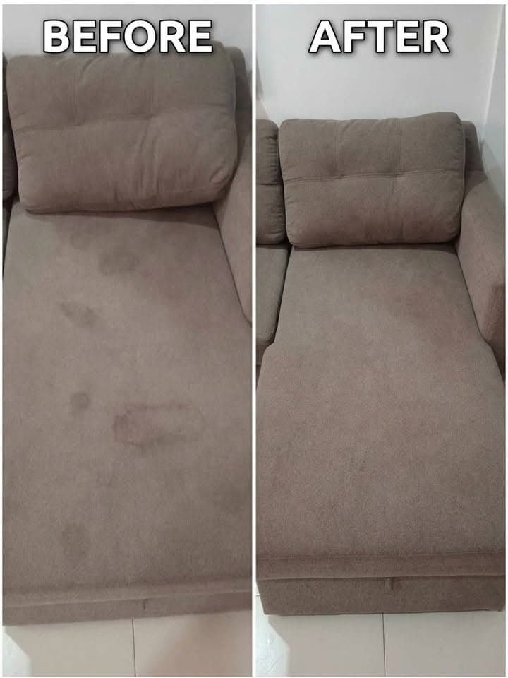 Upholstered cushion before and after professional upholstery cleaning, showing stains removed